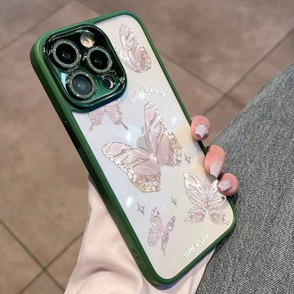 

For iPhone 13 Pro Hard Glass+Flexible TPU Phone Case Glittery Powder Decor Platinum Butterfly Cover Green