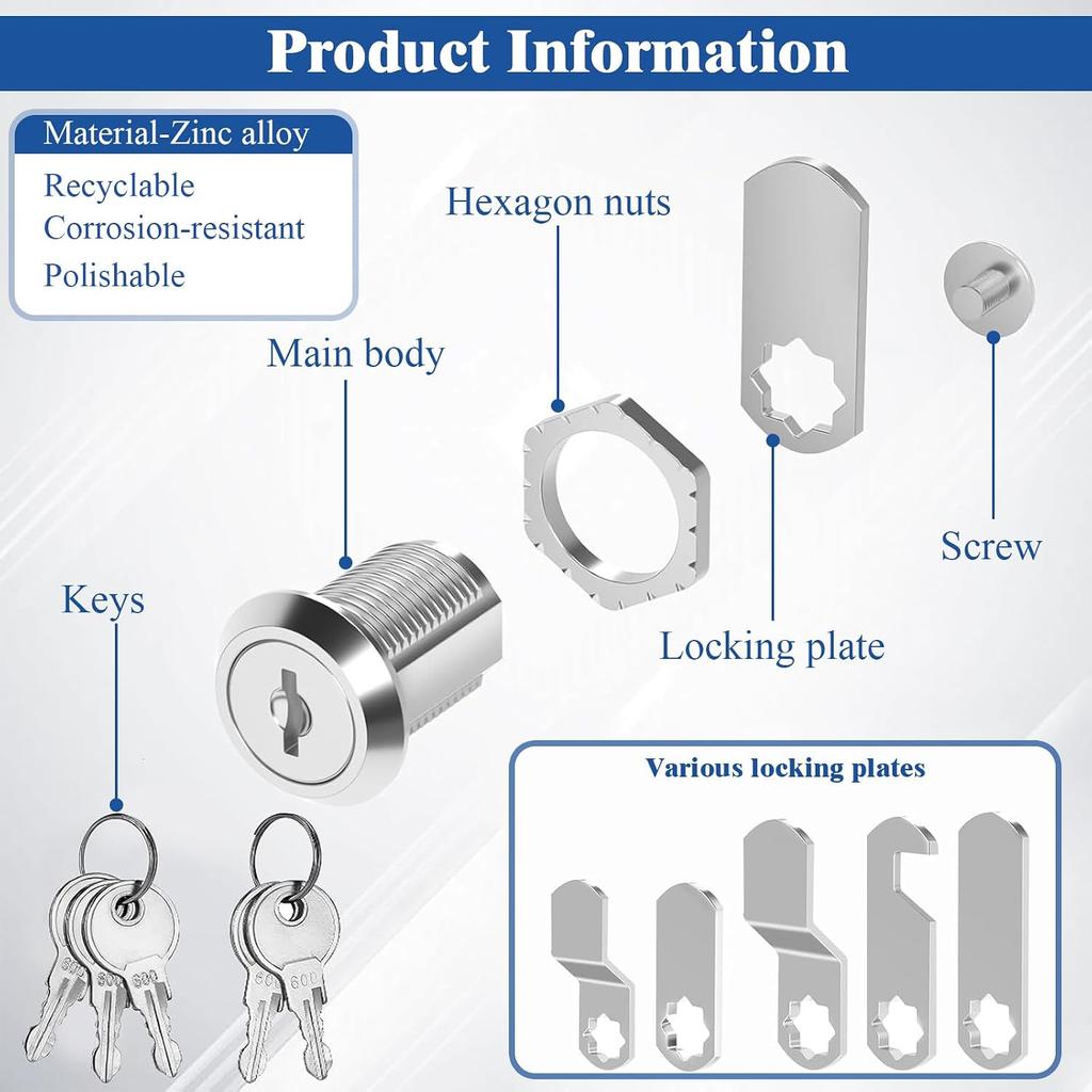Cabinet Lock 20mm, Equipped with 5 Different Lock Plates, 5 Key Locker Locks,Cam Lock with Spanner and Screwdriver,Locker Locks Suitable for Mailboxes
