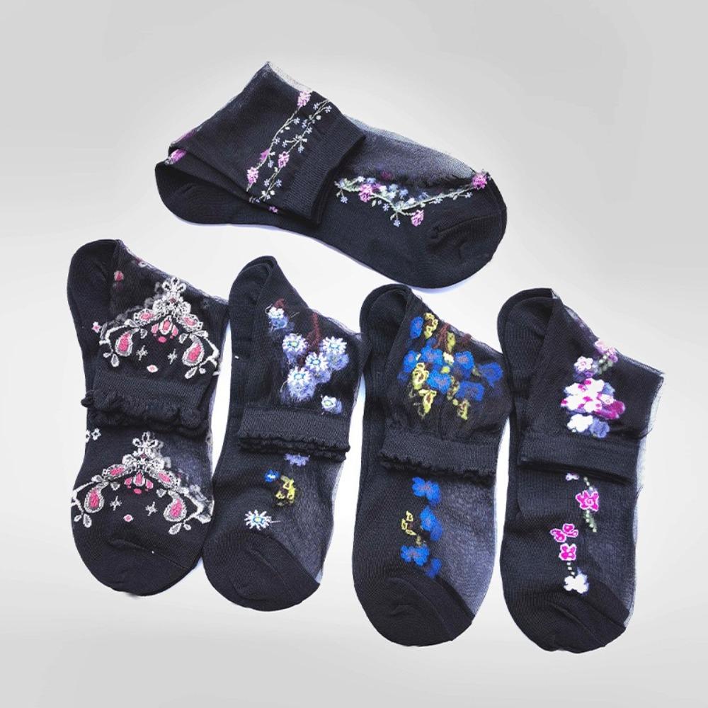 5 Pairs Flower Embroidery Calf Socks Breathable Hosiery New Ankle Sock  Summer