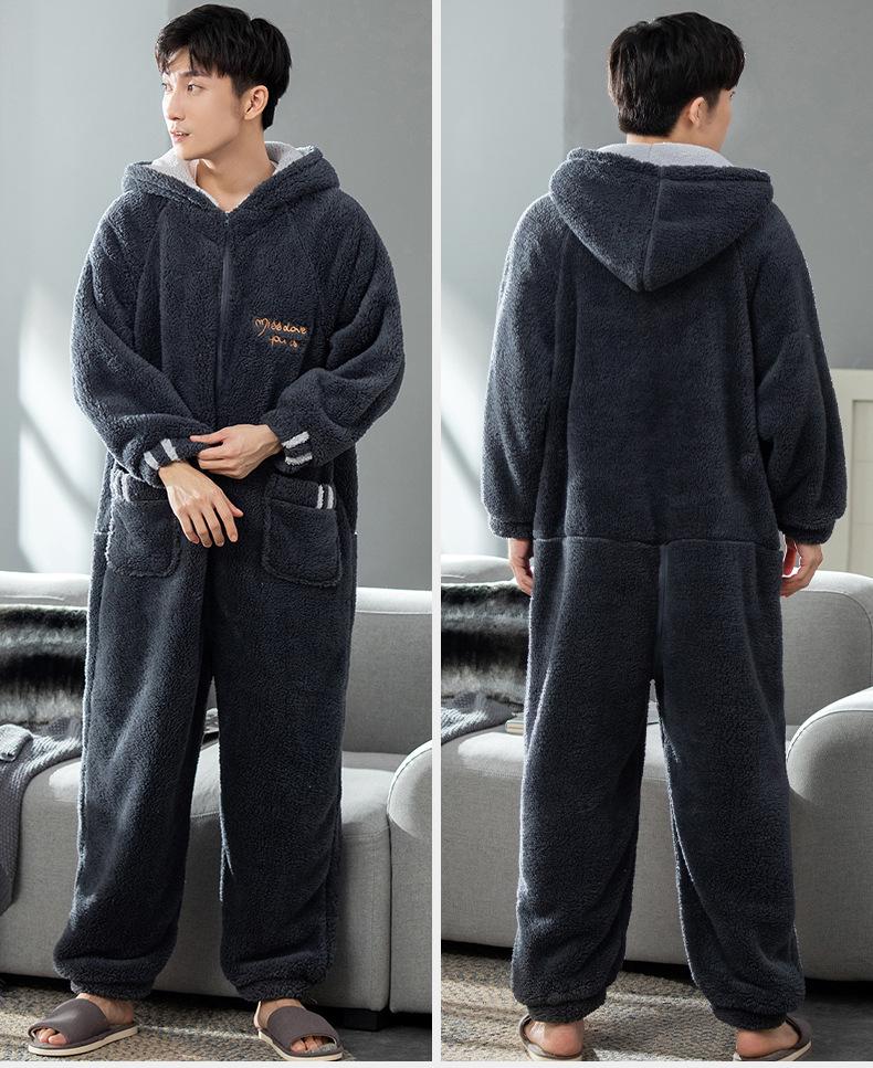Herren Verdickter Korallenfleece Einteiler Schlafanzug - Winter/Herbst Flanell Hausanzug für Teenager & Erwachsene