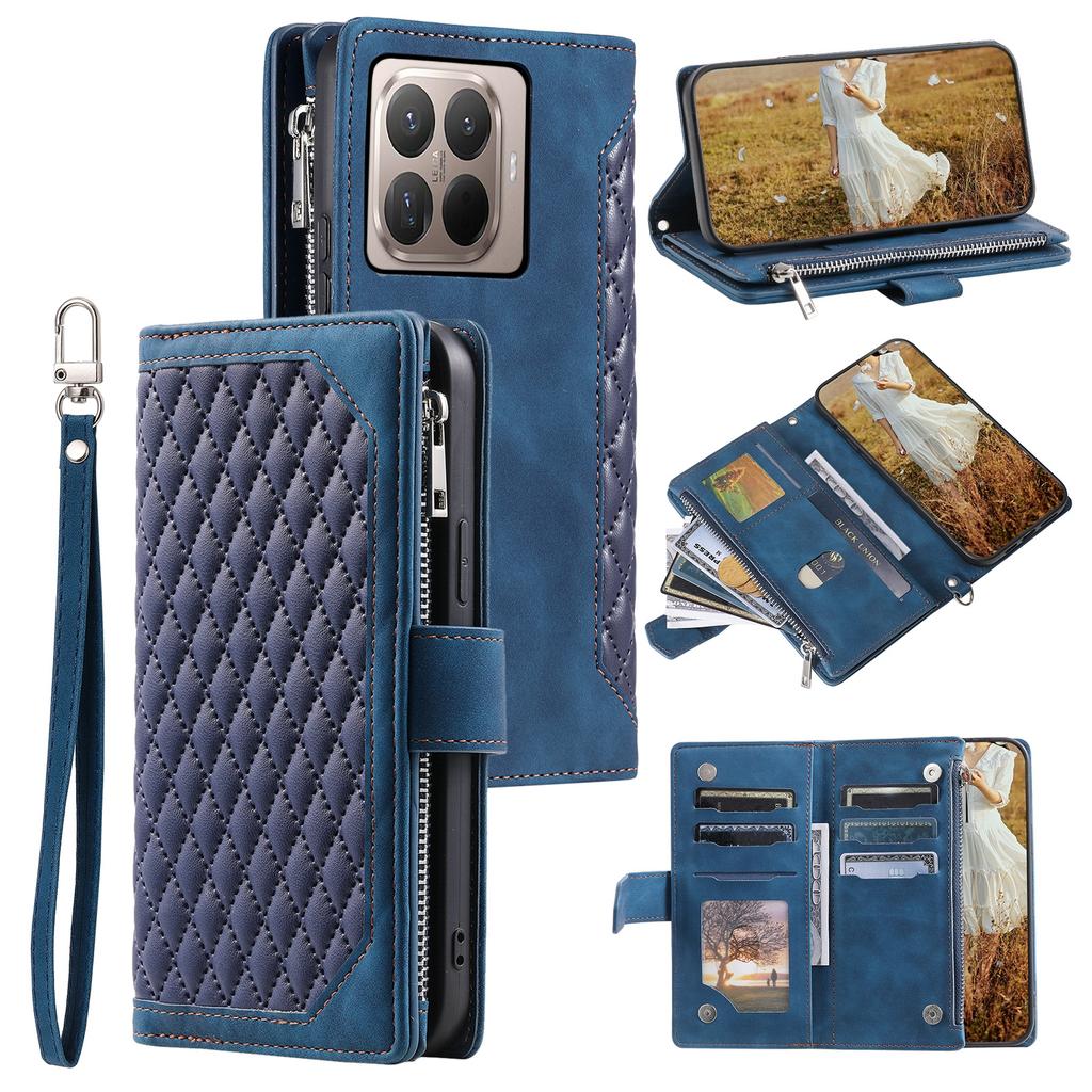 For Xiaomi 15T Pro Wallet Case Rhombus Stitching Line PU Leather Phone Cover with Wrist Strap