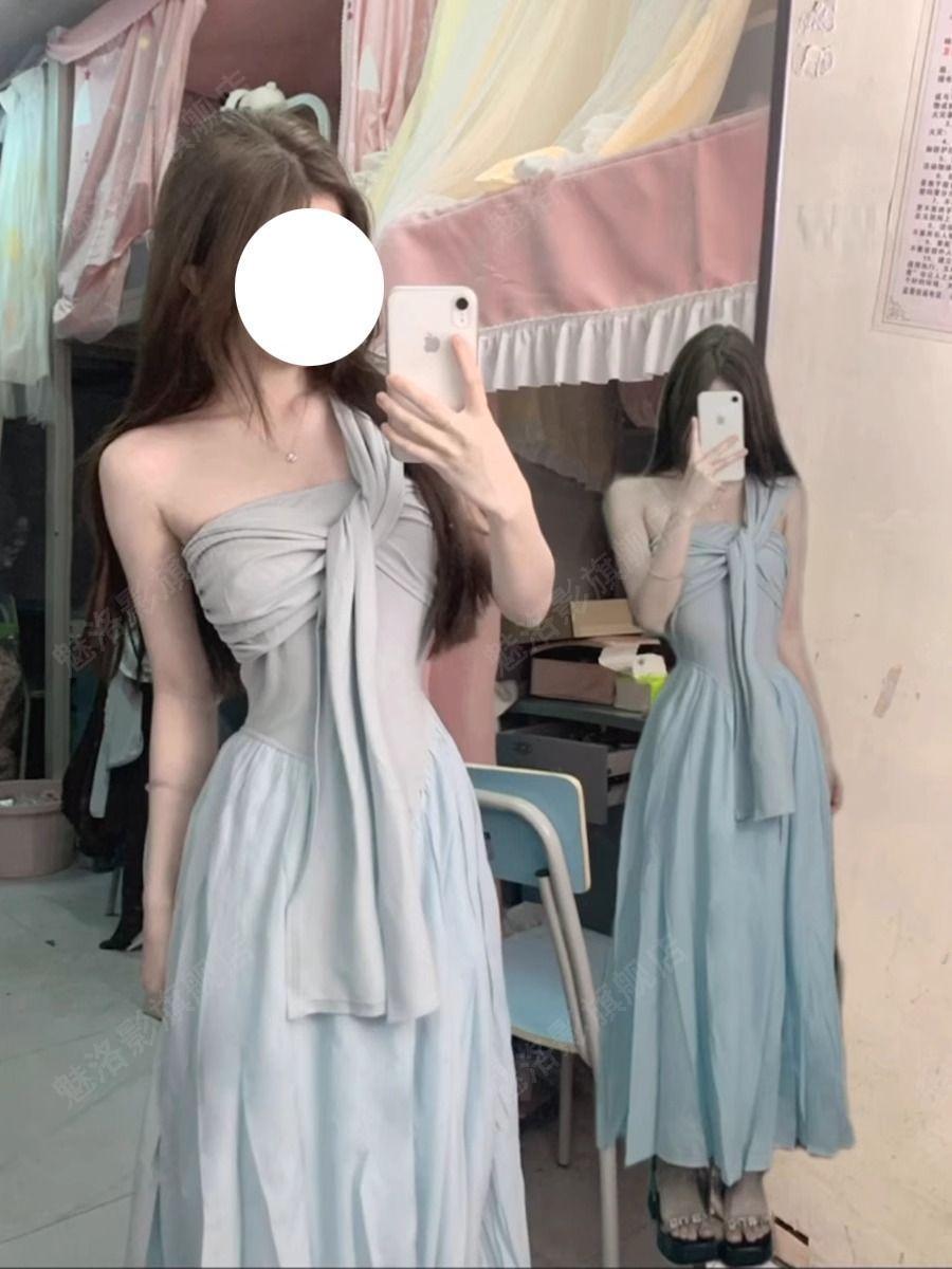 

New high-end irregular design seaside vacation tube top dress children s summer French temperament long dress S серо голубой