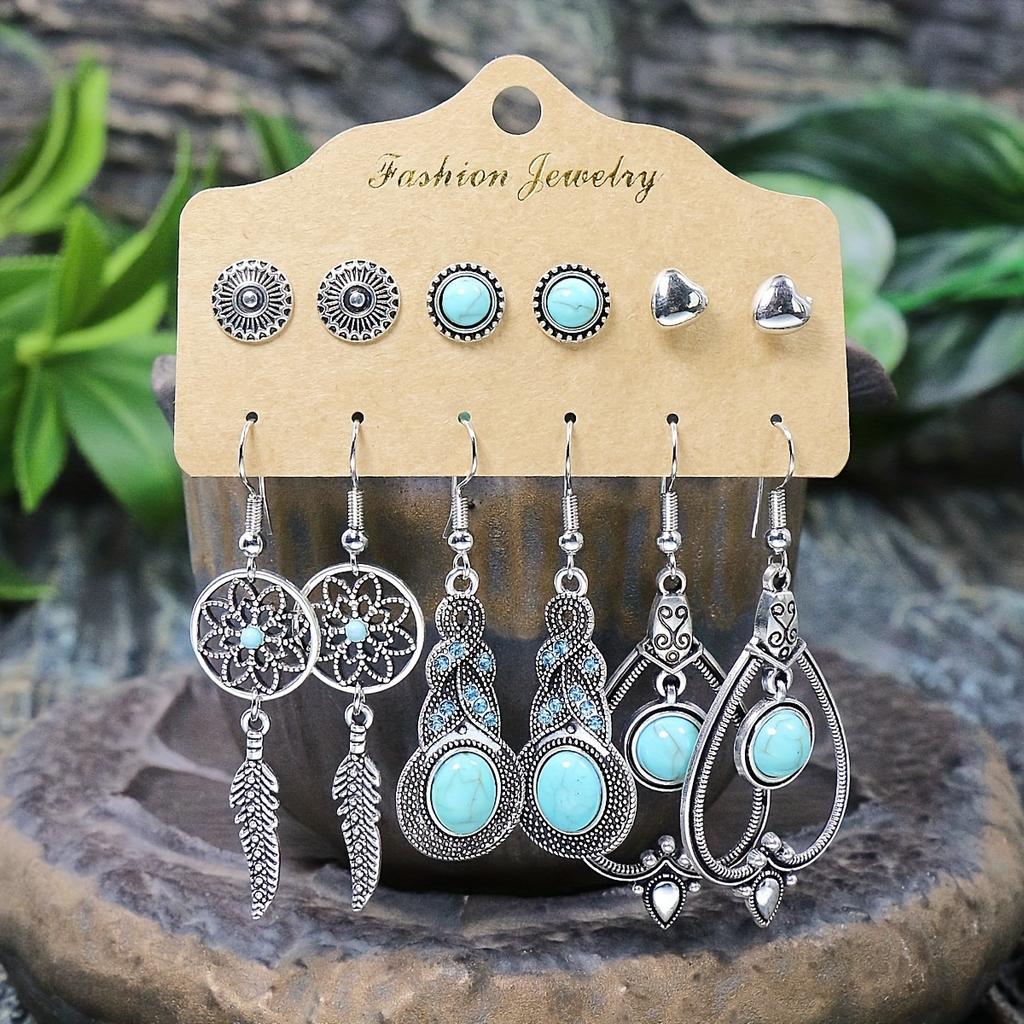 54 Pairs Of Boho Ethnic Style Earrings Ear Stud Combination Set Silver Color Geometric Turquoise Inlaid Party Decor Gifts