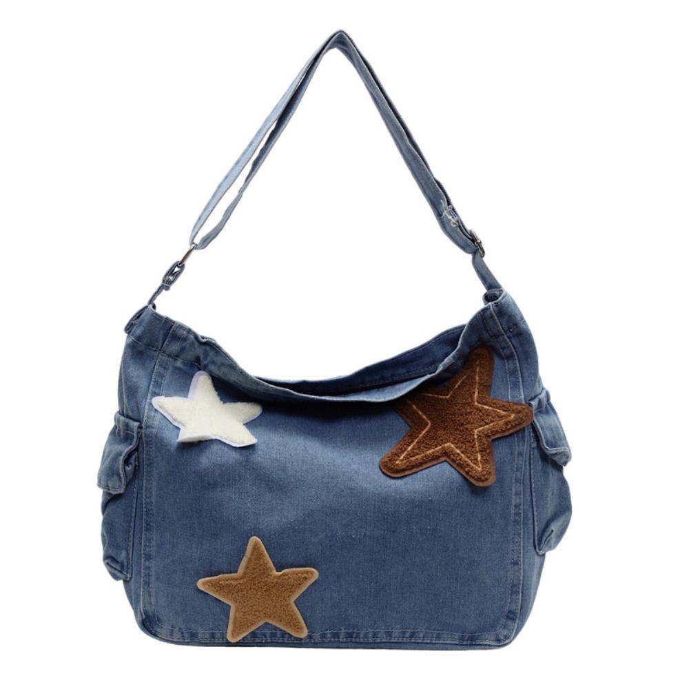 

Ретро джинсовая сумка-почтальон новая японская сумка через плечо повседневная звезда высокая стоимость сумка-тоут для commuters светло-синий