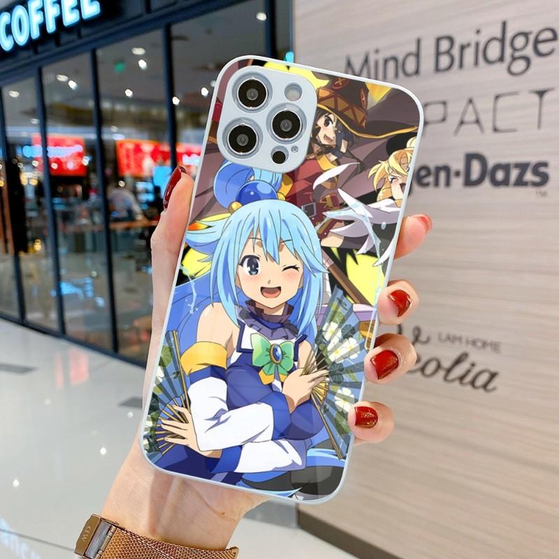 Cute Konosuba Anime Girl Phone Case For IPhone 14 13 12 11 Pro Max X XR XS 8 7 Plus Liquid Glass Color Phone Cover
