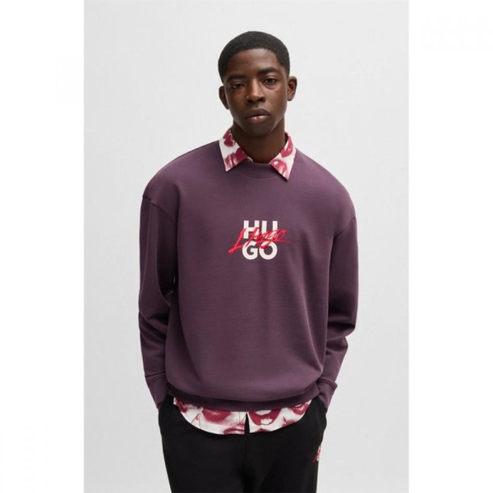 Hugo French Terry Sweatshirt Open Purple Relaxed Fit Double Logo XL