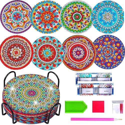 Diamond Art Coasters, Bead Art, Diamond Art DIY Beginner Decoration Gift, 5D Diamond Art Beginner Set, Art Craft Supplies, Gift with Holder, 8 Pieces