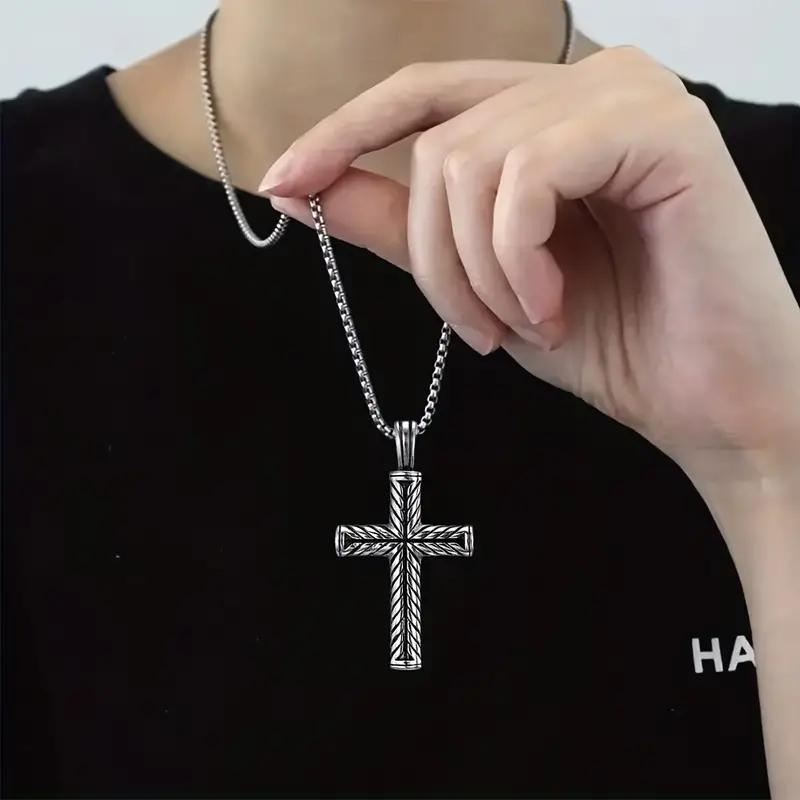 Simple Stainless Steel Necklace with Spiral Column Cross Pendant