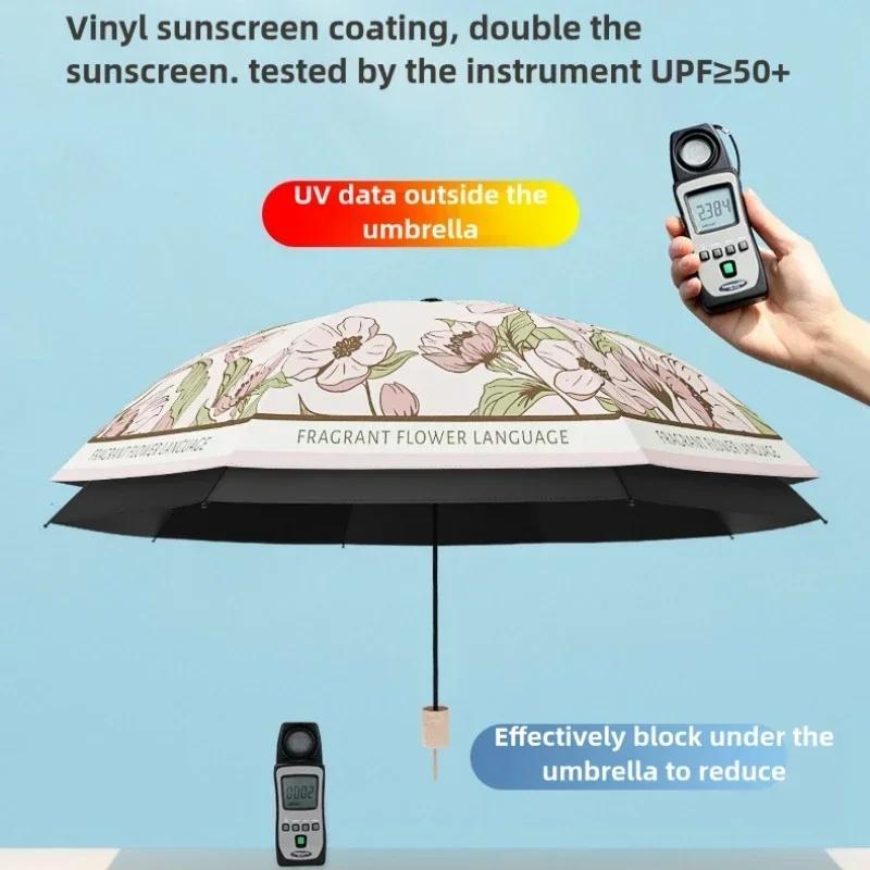 Flower Printed UPF50+ Sun Umbrella Romantic UV Protection Umbrella Vinyl Coating Rain Parasol Sun Shade Folding Umbrellas