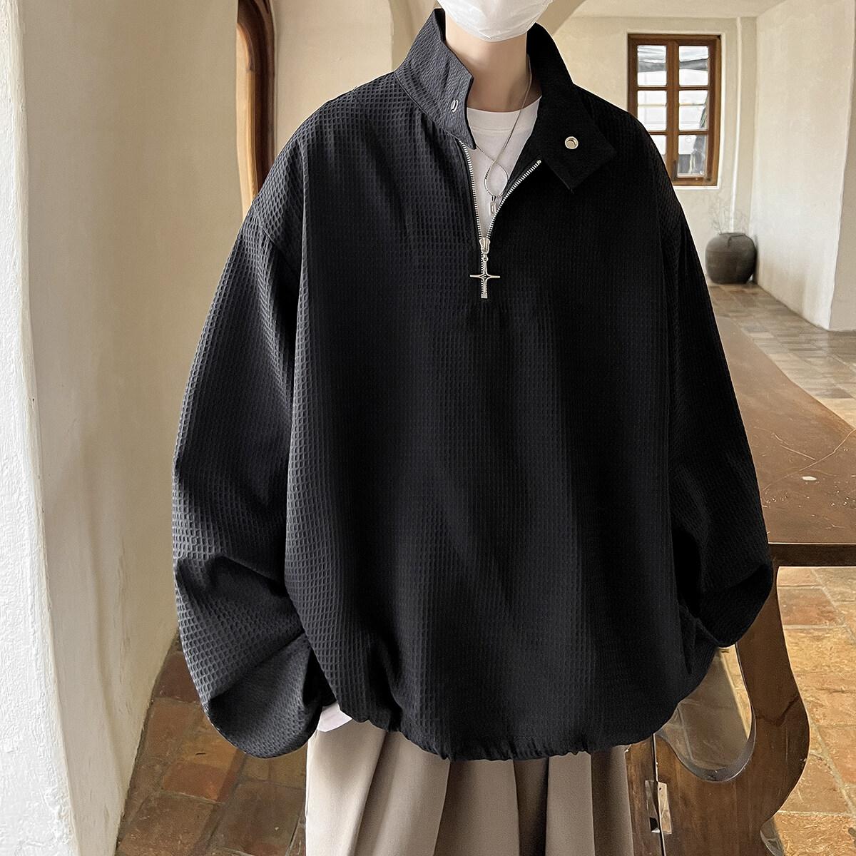 

Мужские белые худи корейская мода пуловер со стойкой воротником мужской свободный топ с длинным рукавом мужская уличная одежда винтажная парная толстовка 3XL чёрный