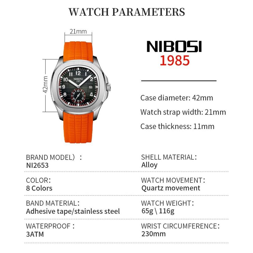 NIBOSI Herren Silikon Sport Wasserdichte Uhr Großes Zifferblatt Arabische Ziffern Lässig Stilvoll Datum Fluoreszierend Luxus Geschenk Orange