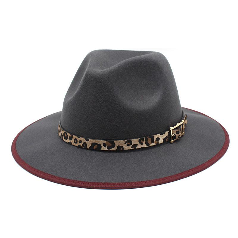 British Hemming Woolen Top Hat Casual Big Brim Men'S Retro Felt Hat Leopard Print Jazz Hat