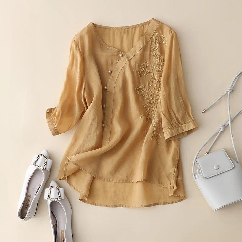 

Женская винтажная рубашка из хлопка и льна больших размеров, летняя, свободная, слим-фит, с вышивкой, рукавами до локтя, V-образным вырезом, на пуговицах M