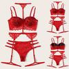 Sexy utsøkt blondeundertøy-bh+strømpebånd+trusesett Babydoll cut-out nattøy