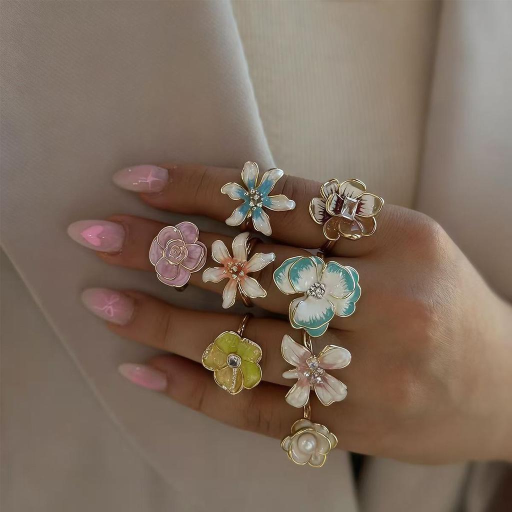 INS Style Oil Dropped Flower Rings, Fashion Versatile Minimalist Pearl Open Adjustable Hand Jewelry