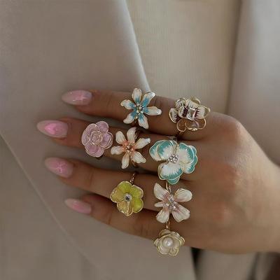 INS Style Oil Dropped Flower Rings, Fashion Versatile Minimalist Pearl Open Adjustable Hand Jewelry