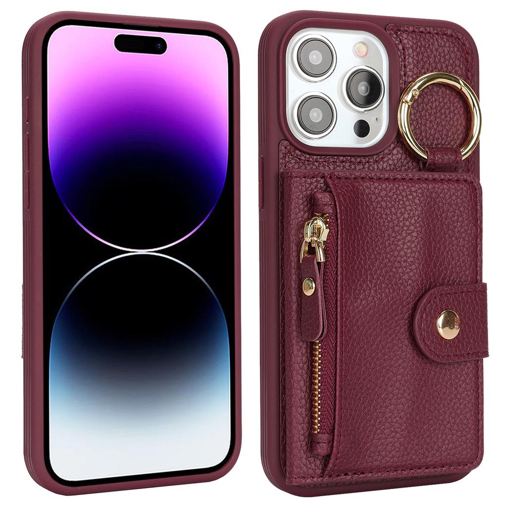 For iPhone 14 Pro Max Case Litchi Textured PU Leather + TPU Kickstand Phone Cover with Card Slot