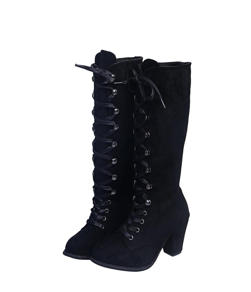Casual High-heeled Single Boots Autumn and Winter New Large-size Autumn Round-head French Thick-heeled Solid-color Martin Boots