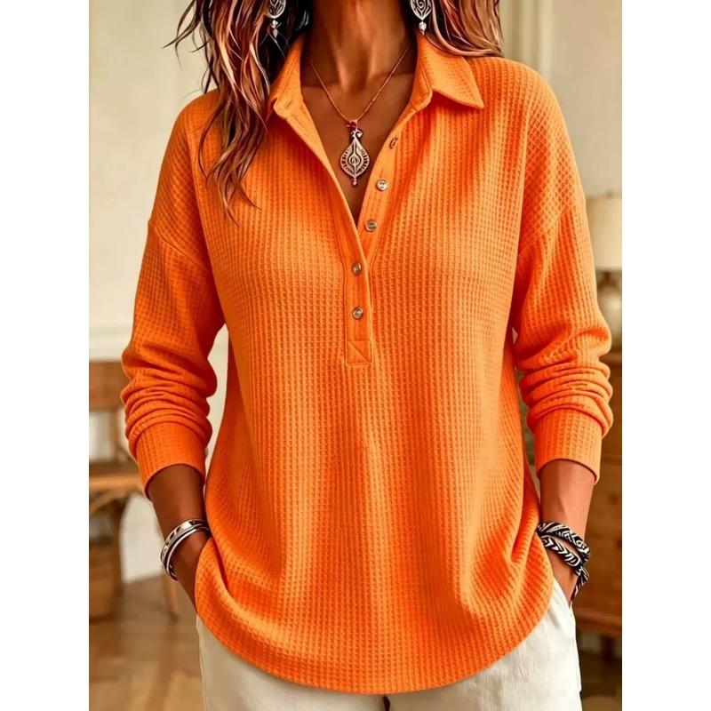 Damen S Waffelstrick Langarm Pullover T-Shirt Lässig Lockerer Schnitt