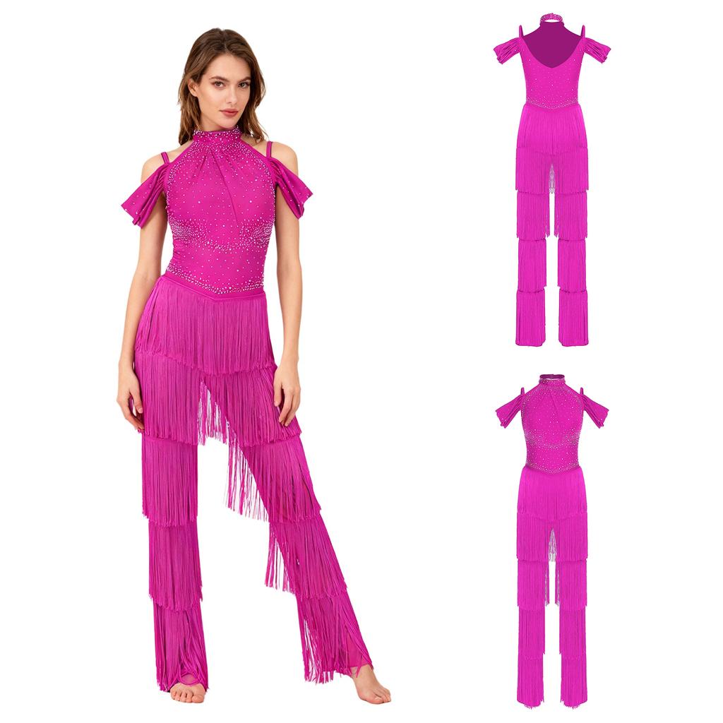 Damen Latein-Tanzparty Jumpsuit S-XXL: Halter Off-Shoulder rückenfreie Strampler mit Strasssteinen, mehrstufigen Quasten für Samba, Rumba, Gesellschaftstanz