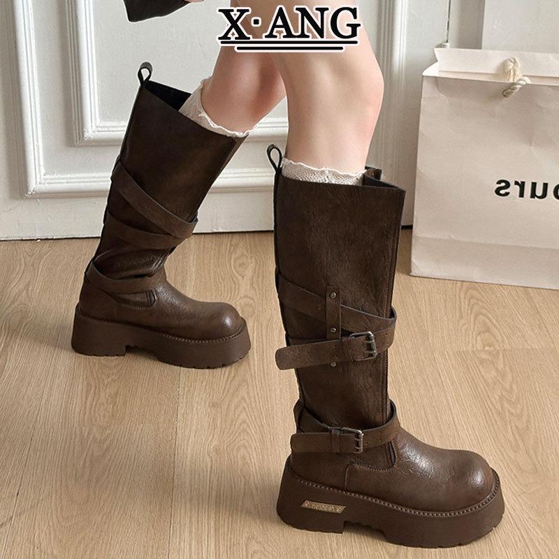 Cowhide version battle damage venom boots big tube circumference knight boots thick heel thick sole heightening boots but knee high boots children
