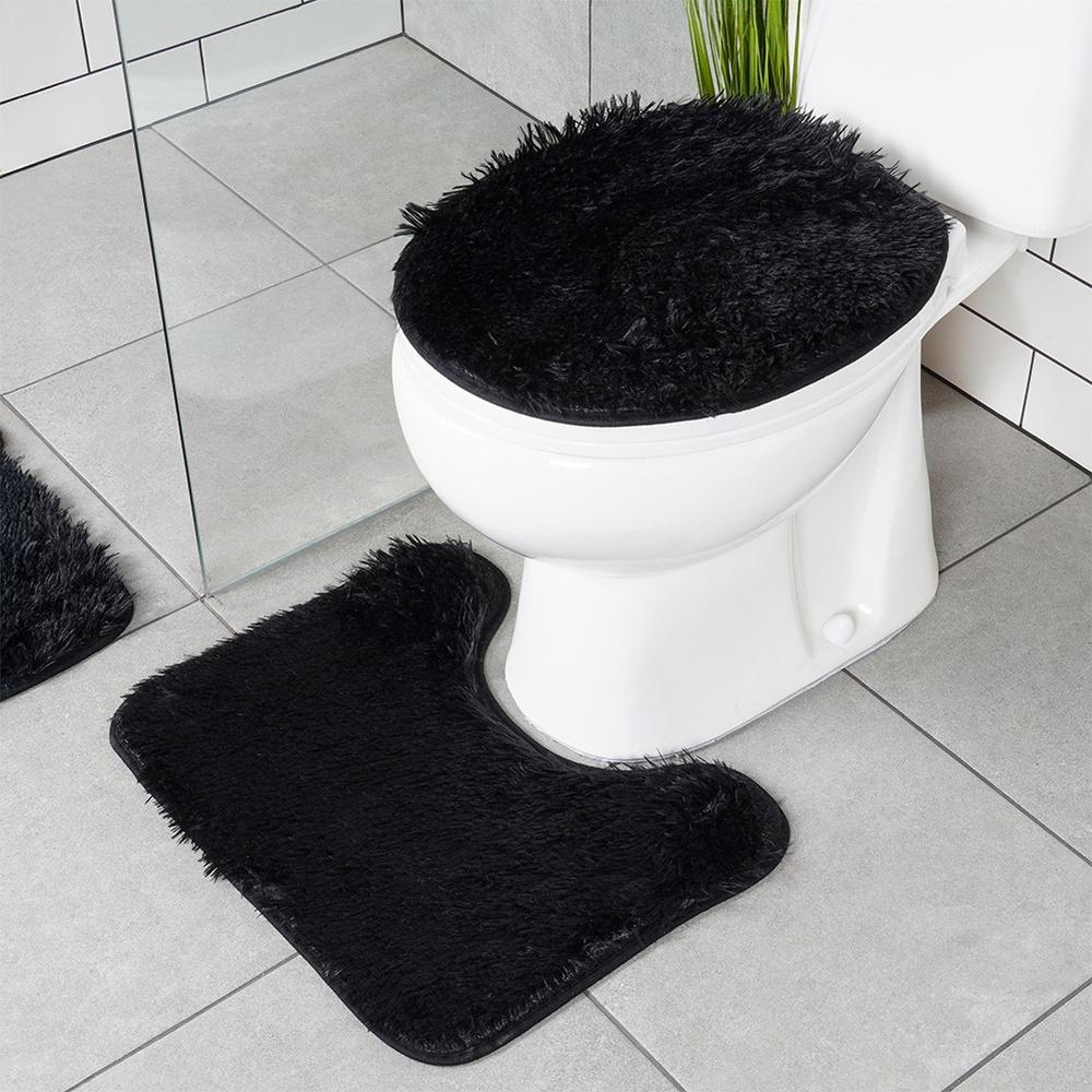 Bathroom Set Soft Shaggy Black Rug Cover for Bathroom Seat