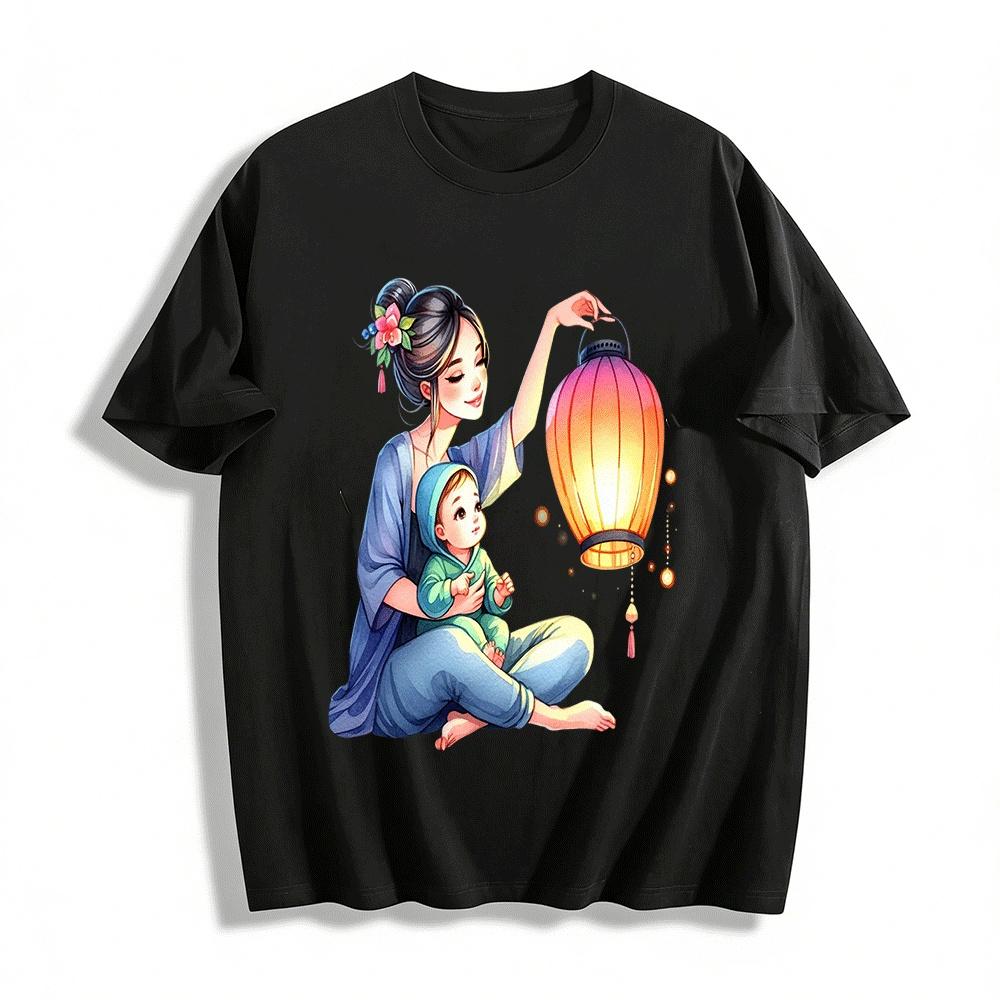 Lantern Print Chinese Style Parent-child Casual Top Pure cotton T-shirt XXS
