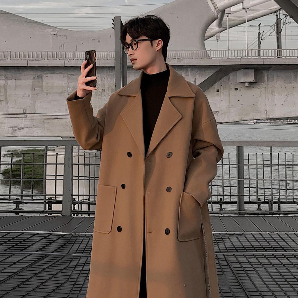 Men's Mid-Length Korean Style Wool Trench Coat - Autumn/Winter, Thickened, Over-the-Knee, Loose Fit