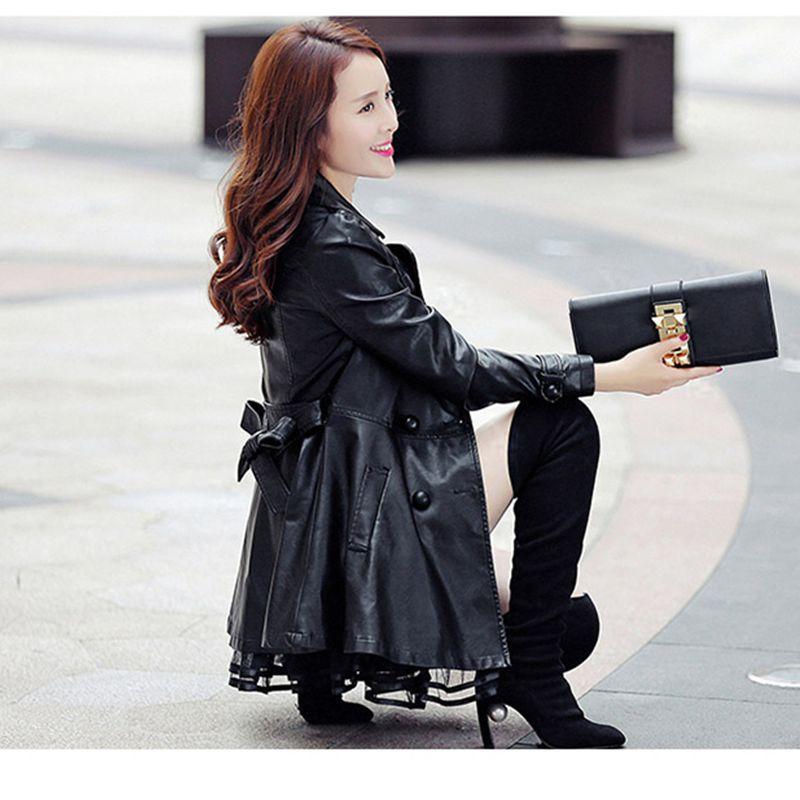 Leather jacket women's medium and long leather jacket leather trench coat autumn and winter women's clothing bubble sleeve design double-breasted