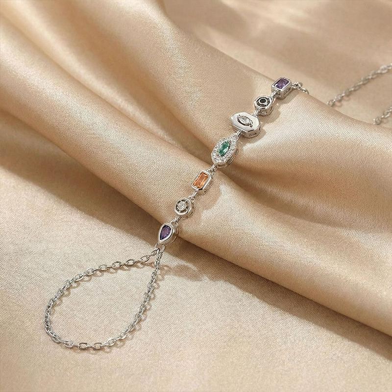 Women Ladies Fashion Light Luxury Braclets Connect Finger Rings Jewelry Stainless Steel Colorful Rhinestone Tassel Bracelets