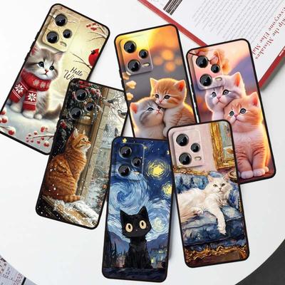 Cute Cartoon Cat Illustration Phone Case For Xiaomi Redmi Note 15 14 13 12 12S 11E 11 11S Pro Plus 4G 5G Black Soft TPU