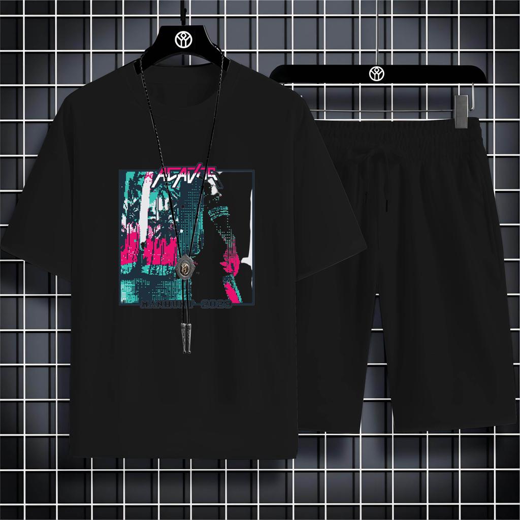 Fashion Four Seasons Casual Sports Style 2d Letter Print Adult Men'S Round Neck Loose Short Sleeve T-Shirt Trouser Set Quick Dry