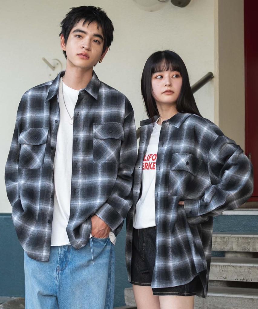 WEGO Unisex Ombre Check Flannel Long Checked Oversized Size Pattern 1 Shirt, Sleeve, Top, Autumn/Winter Clothing, Silhouette, Gift, Men's, L,