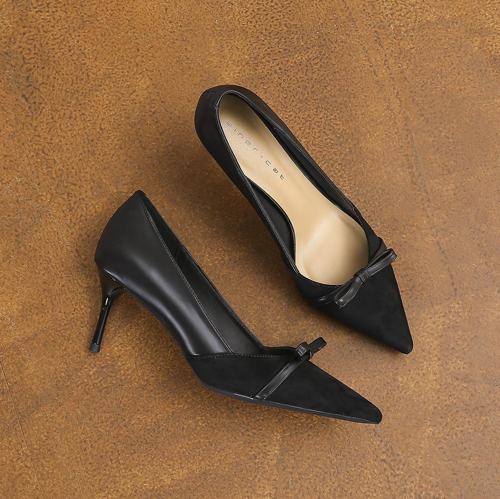 78823 [sheepskin] high heels women's thin heels 2025 new pointed leopard print light mouth bow single shoes