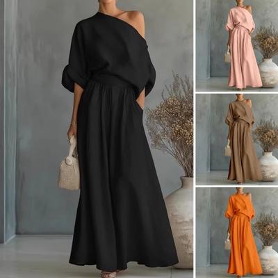 2 Stück/Set Damen Sommer Outfit Schrägschulter Kurzarm Oberteile Hohe Taille Oversized Weite Beine Lange Hosen Set Einfarbige Loungewear Set