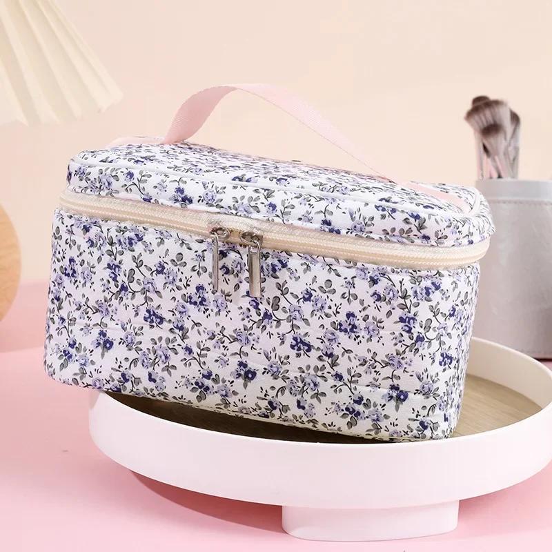 Women Cotton Makeup Bags Vintage Cosmetic Case Flower Large Capacity Tote Portable Cosmetic Storage Handbag Travel Organizer Bag