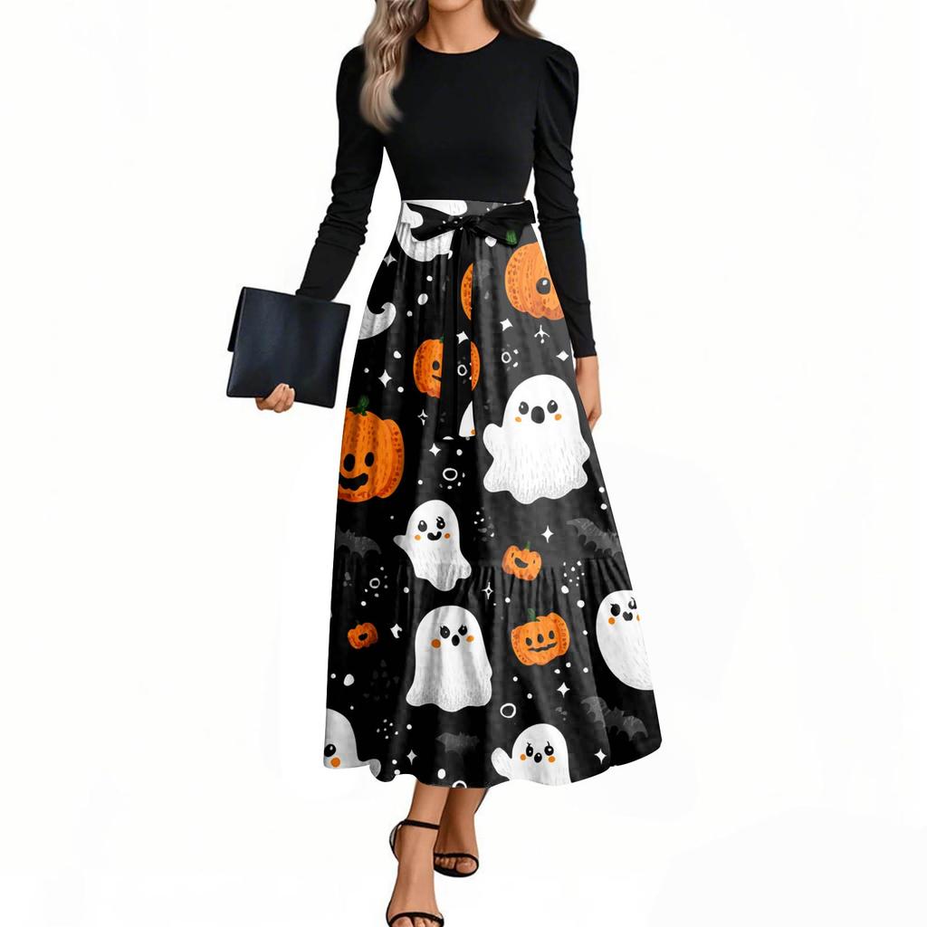 Women's Fashion Casual Belted Long Sleeve Round Neck Halloween Printed Elegant Temperament Dresses