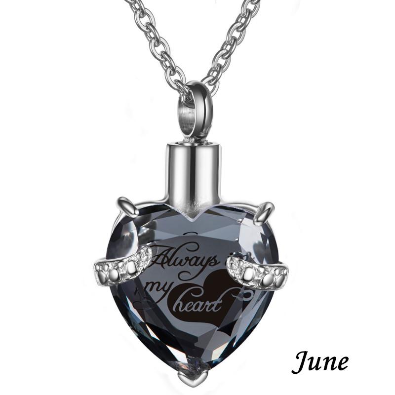 Always In My Heart Stainless Steel Birthstone Heart -Shaped Glass Clavicle Chain Perfume Bottle Keepsake Necklace Jewelry