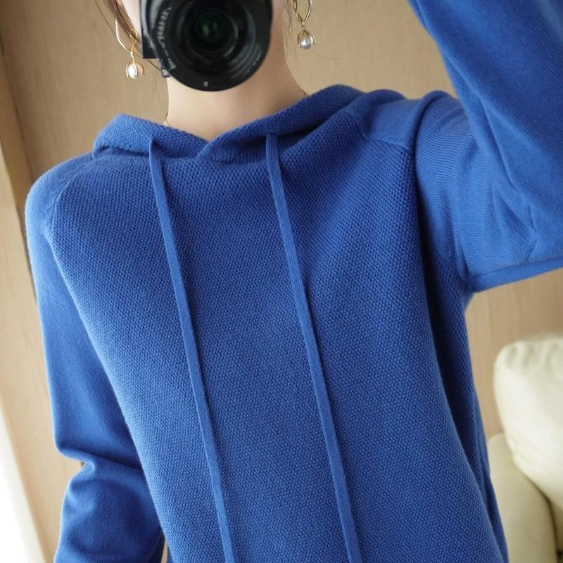 Suéter com Capuz Feminino Primavera e Outono Moletom Camiseta Básica com Suéter Tricotado Casual Tamanho Grande Suéter com Capuz Feminino