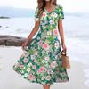 Women's Summer Casual Fashion Print Pocket Short Sleeve V-Neck Swing Dress