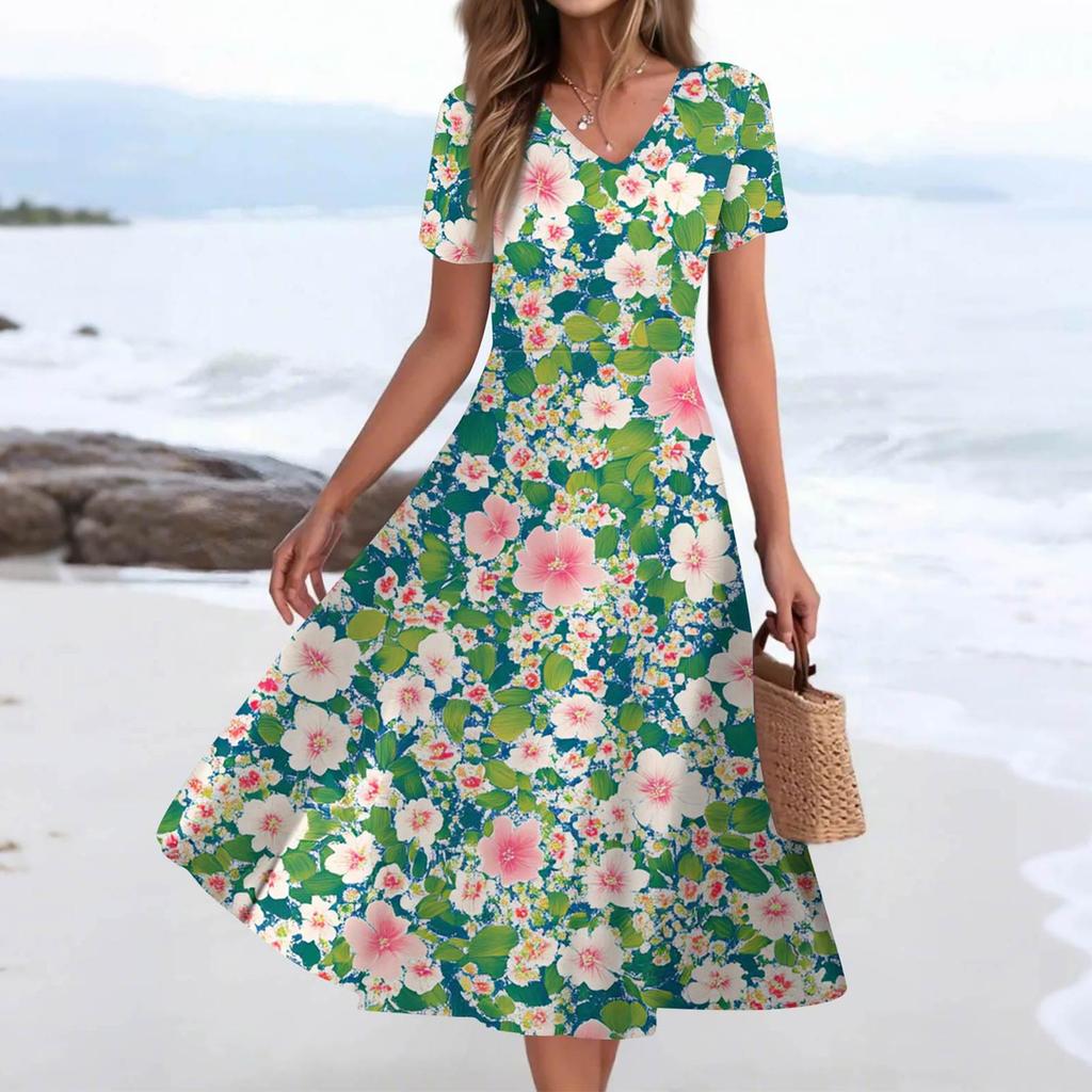 Women's Summer Casual Fashion Print Pocket Short Sleeve V-Neck Swing Dress