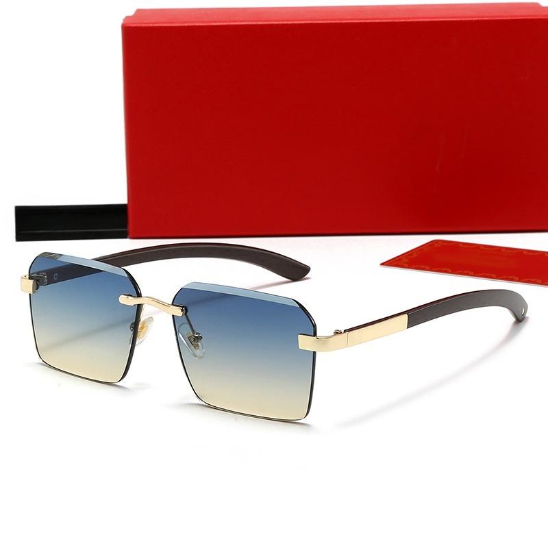 Fashion Rimless Square Sunglasses for Men Women New VintageMetal Frame with Wooden Temple, Classic Retro Shades UV Protection