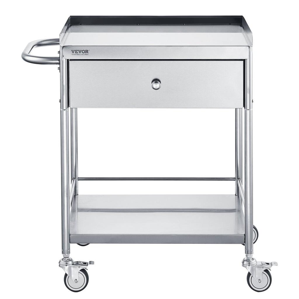 Medical Cart, 2 Layers Stainless Steel Cart 220 lbs Weight Capacity, Lab Utility Cart with 360° Silent Wheels and a Drawer for Lab, Clinic, Kitchen,