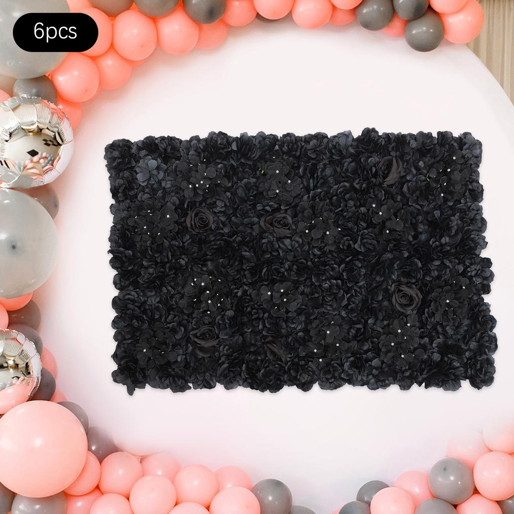 6 Pcs Artificial Flower Wall Panel, 14.96x14.96 In Square Floral Backdrop w/ Hydrangea Dahlia Rose, Black Elegant Wedding Decor