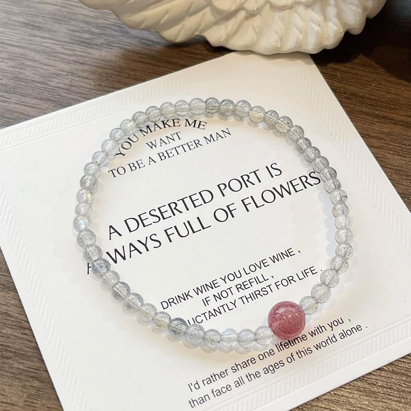 Qiaoen Women's Crystal Bracelet: Gray Moonstone, Strawberry Quartz & Green Rutilated Quartz, Extremely Fine 3mm Beads, Unique Niche Design
