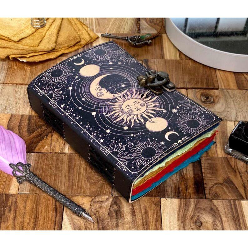 Sun & Moon Leather Grimoire Journal: Spell Book