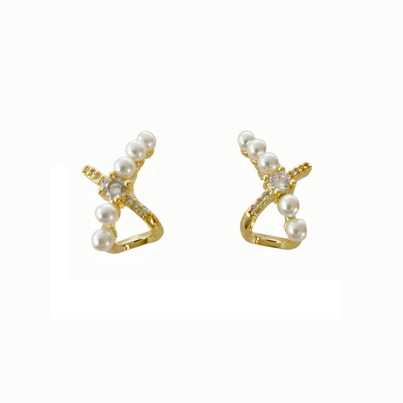 Zircon cross pearl ear clips women's niche design exquisite gentle stud earrings fashion light luxury temperament no pierced earrings