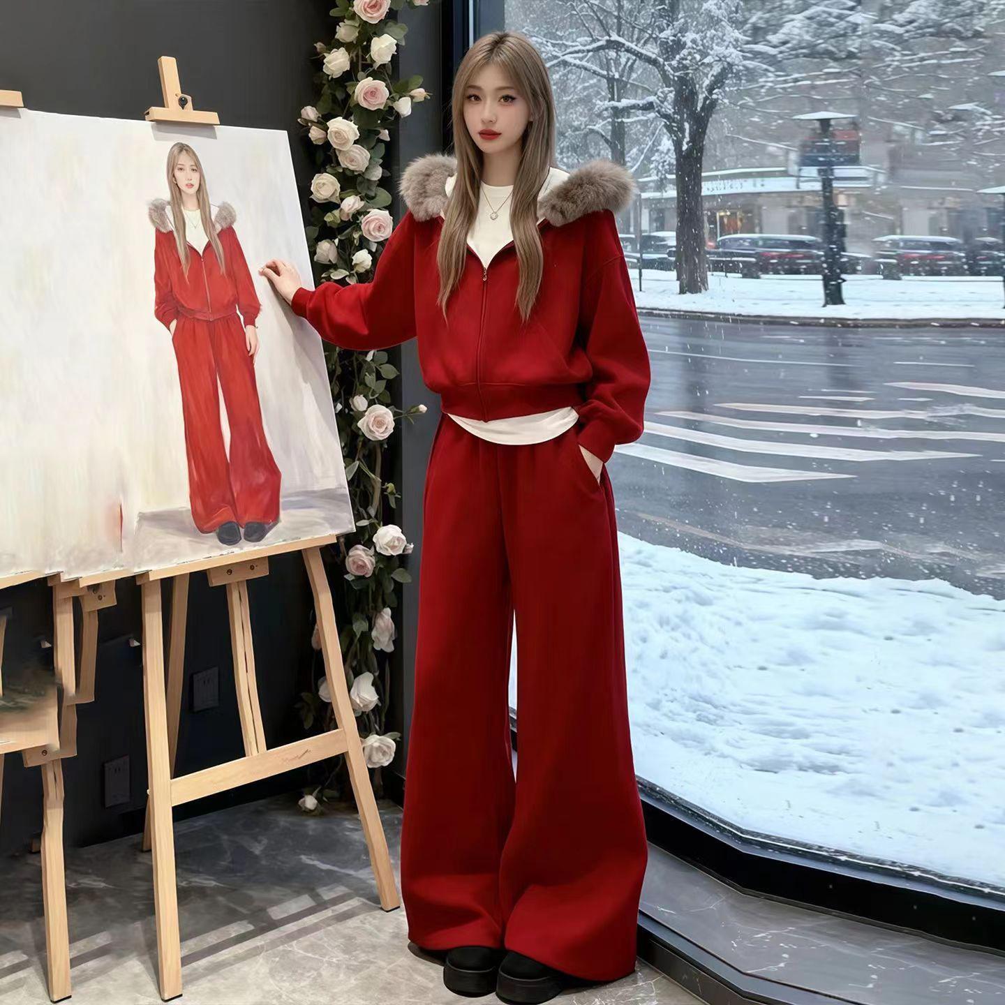 

European Style 2026 Zodiac Red Women s Fur Collar Hooded Sweatshirt and Pants Set for Autumn/Winter M (Below 105 lbs)