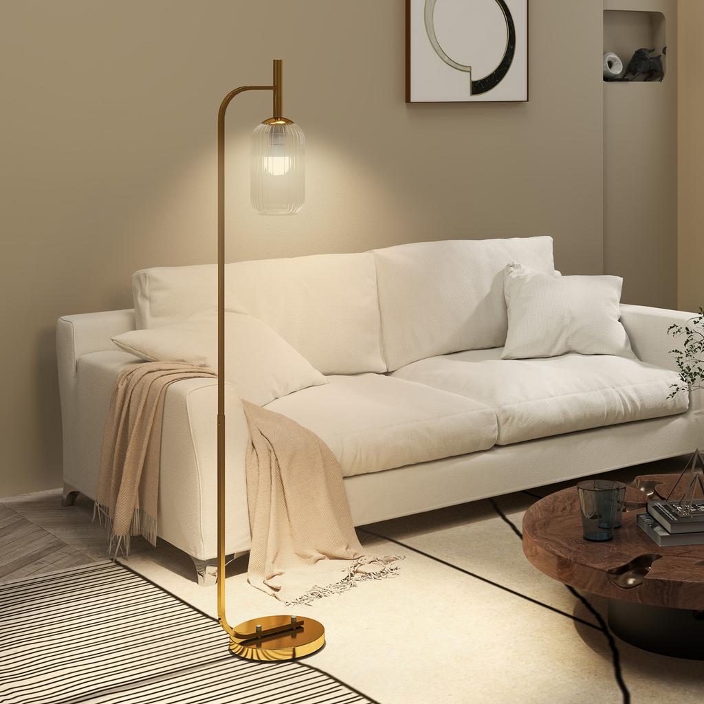 LED Floor Lamp for Living Room with Glass Lampshade, Modern Standing Lamp with Foot Switch, Adjustable Brightness, 2700K for Bedroom, Gold Tone