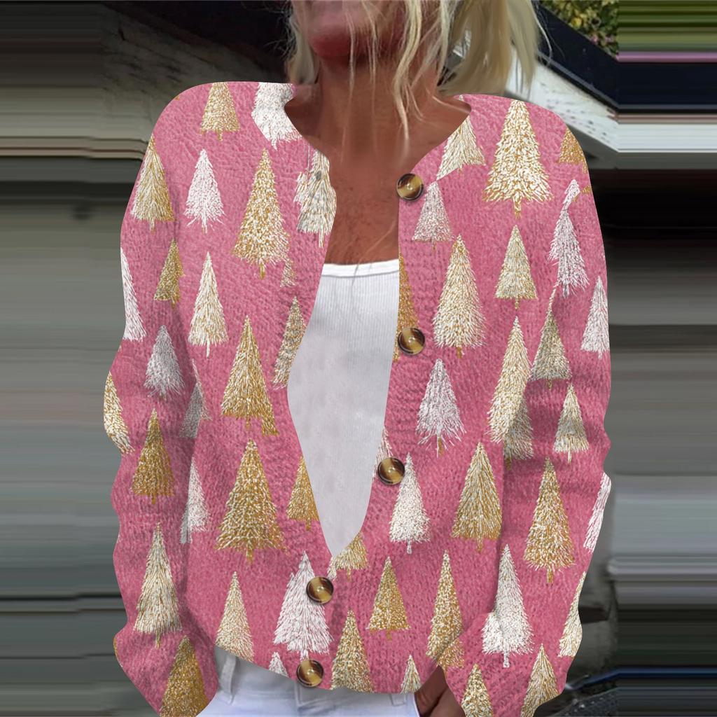 Damenmode, weihnachtlich bedruckt, langärmelig, Strickjacke, Button-Down-Jacke
